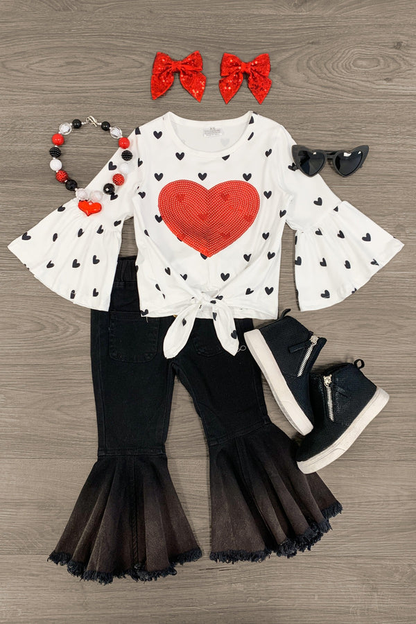 Red Sequin Heart Bell Bottom Set - Sparkle in Pink