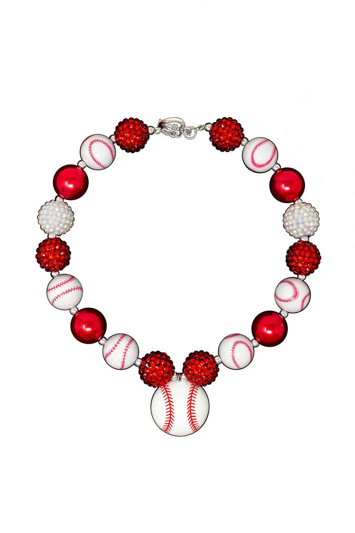 Red & White Baseball Necklace - Default Title - Red and white baseball-themed necklace with beads and a central baseball pendant.