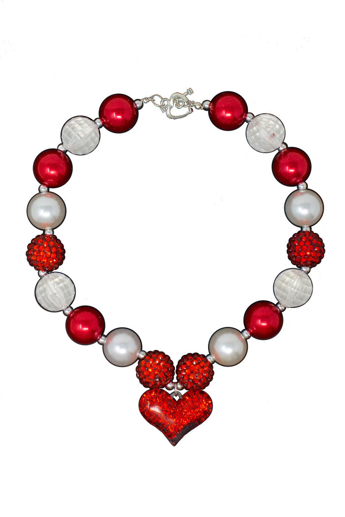 Red & White Glitter Heart Bubblegum Necklace - Default Title - Red glitter heart pendant necklace with alternating red, white, and pearl beads.