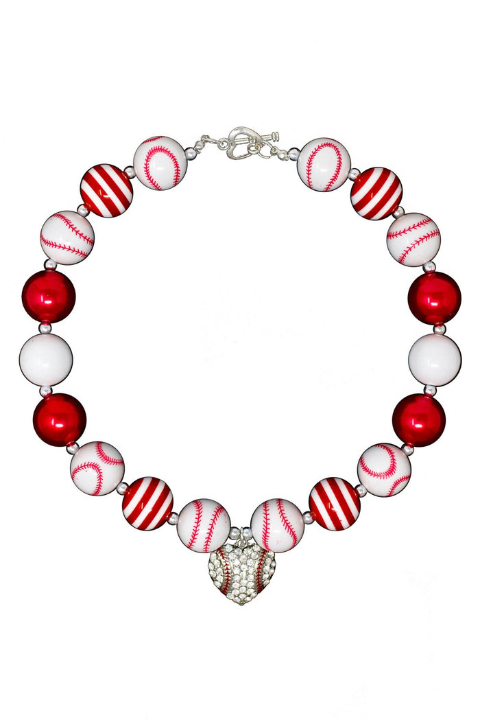 Red & White Heart Baseball Necklace - Default Title - Baseball-themed necklace with red and white striped beads, solid red and white beads, and a rhinestone heart pendant.