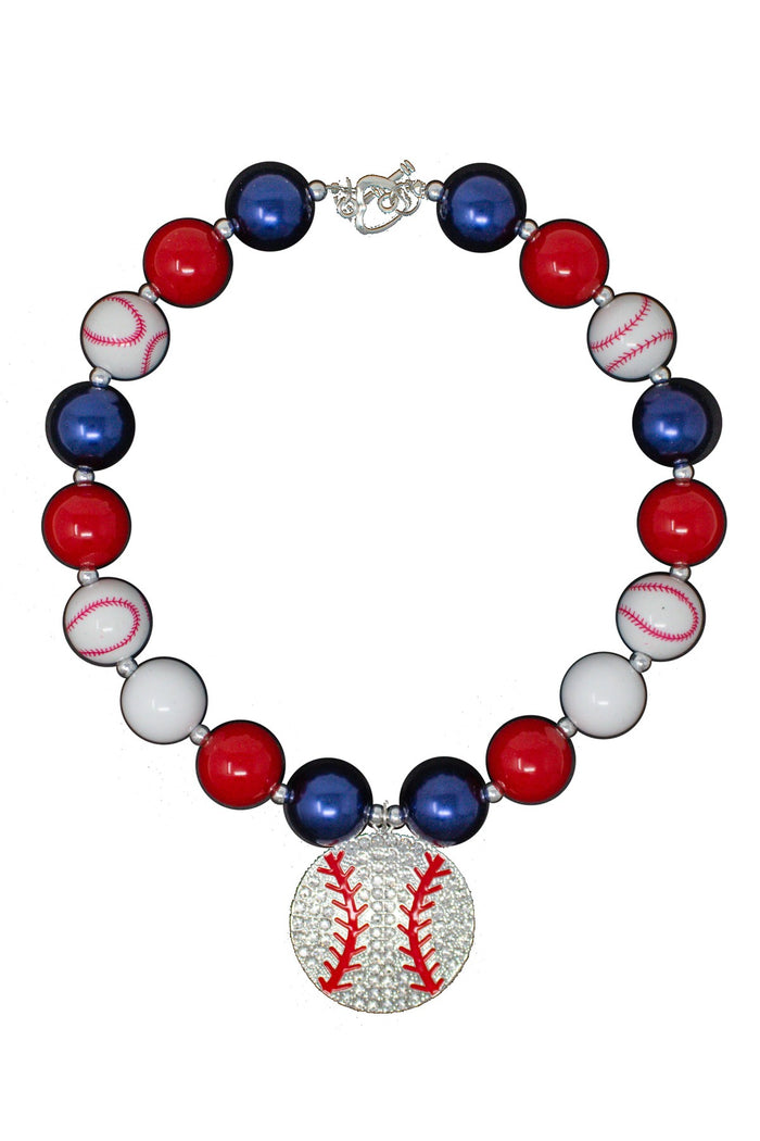 Red, White & Navy Rhinestone Baseball Necklace - Default Title - Baseball necklace with alternating red, white, and navy beads and rhinestone-studded baseball pendant.