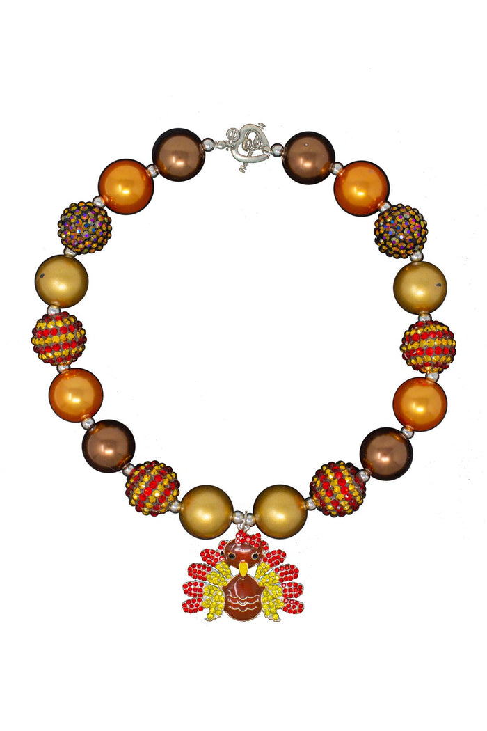 Red & Yellow Turkey Bubblegum Necklace - Default Title - Bubblegum necklace with red, yellow, and brown beads featuring a striped turkey pendant.