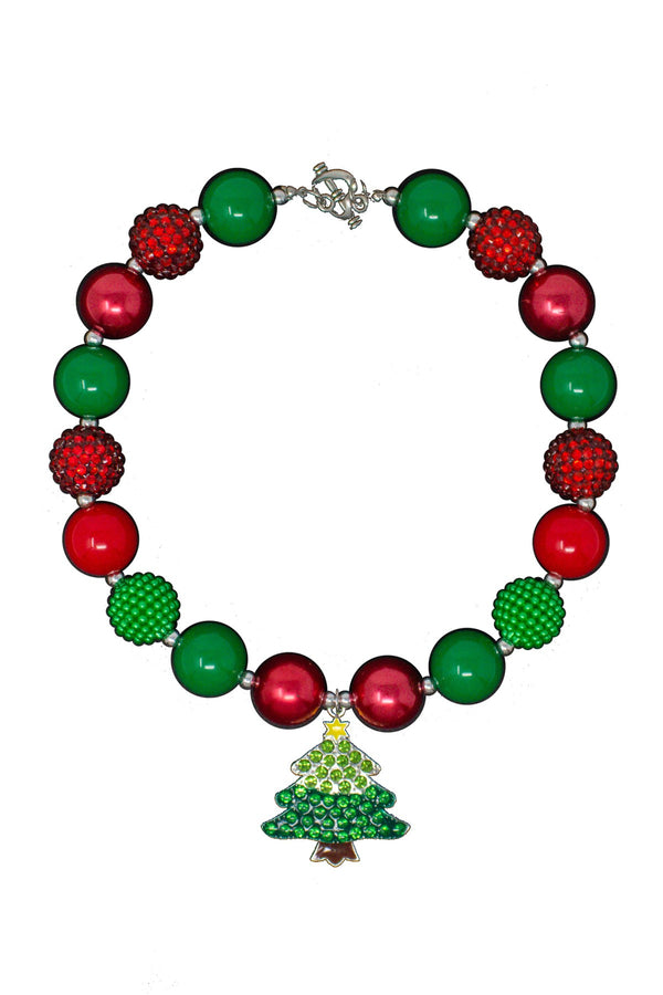 Rhinestone Christmas Tree Bubblegum Necklace - Sparkle in Pink