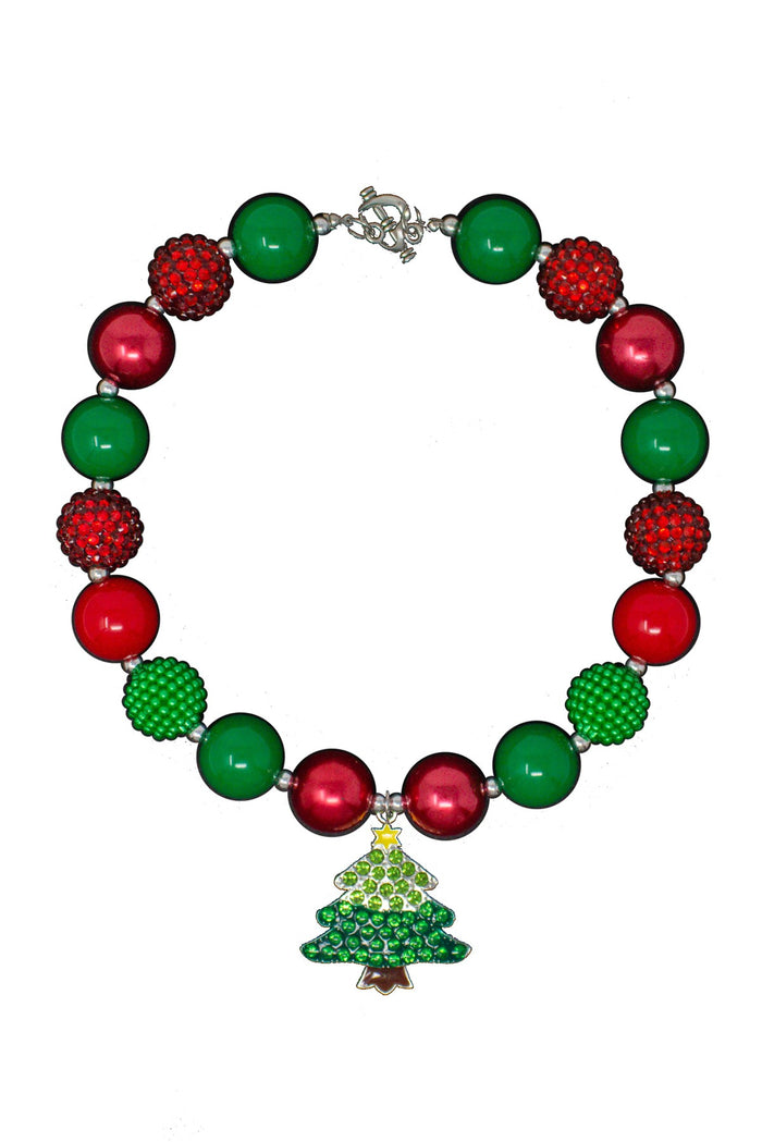 Rhinestone Christmas Tree Bubblegum Necklace - Default Title - Red and green bubblegum beads necklace with rhinestone Christmas tree pendant.