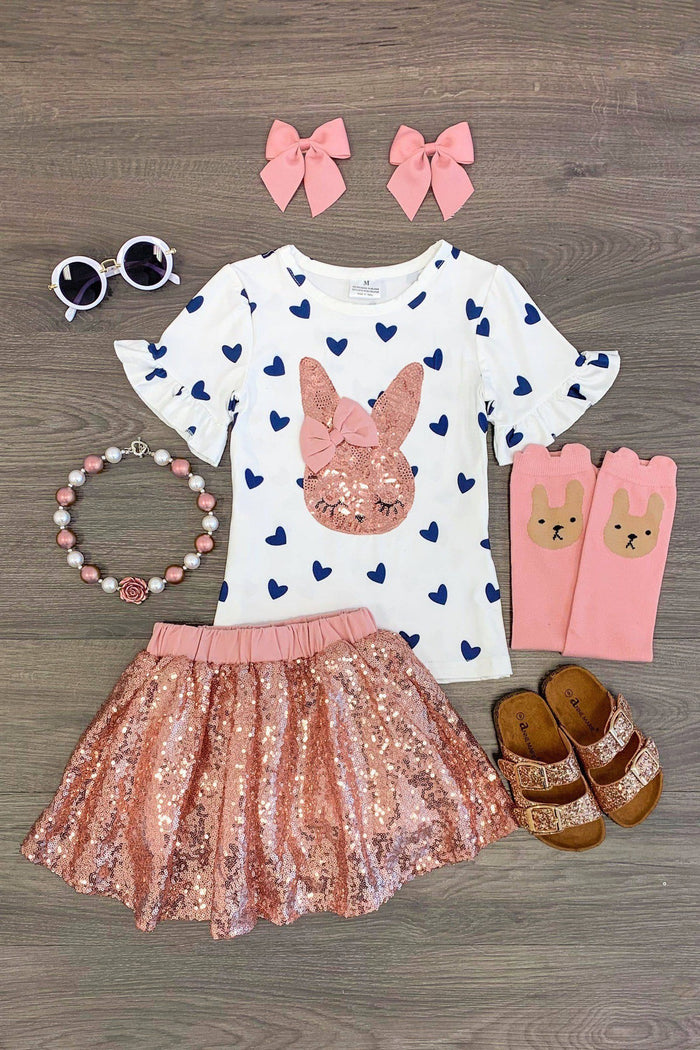 Rose Gold Bunny Sequin Skirt Set - 3XS-6-12 Months - White short-sleeve shirt with rose gold sequin bunny and navy hearts, paired with rose gold sequin skirt and matching.