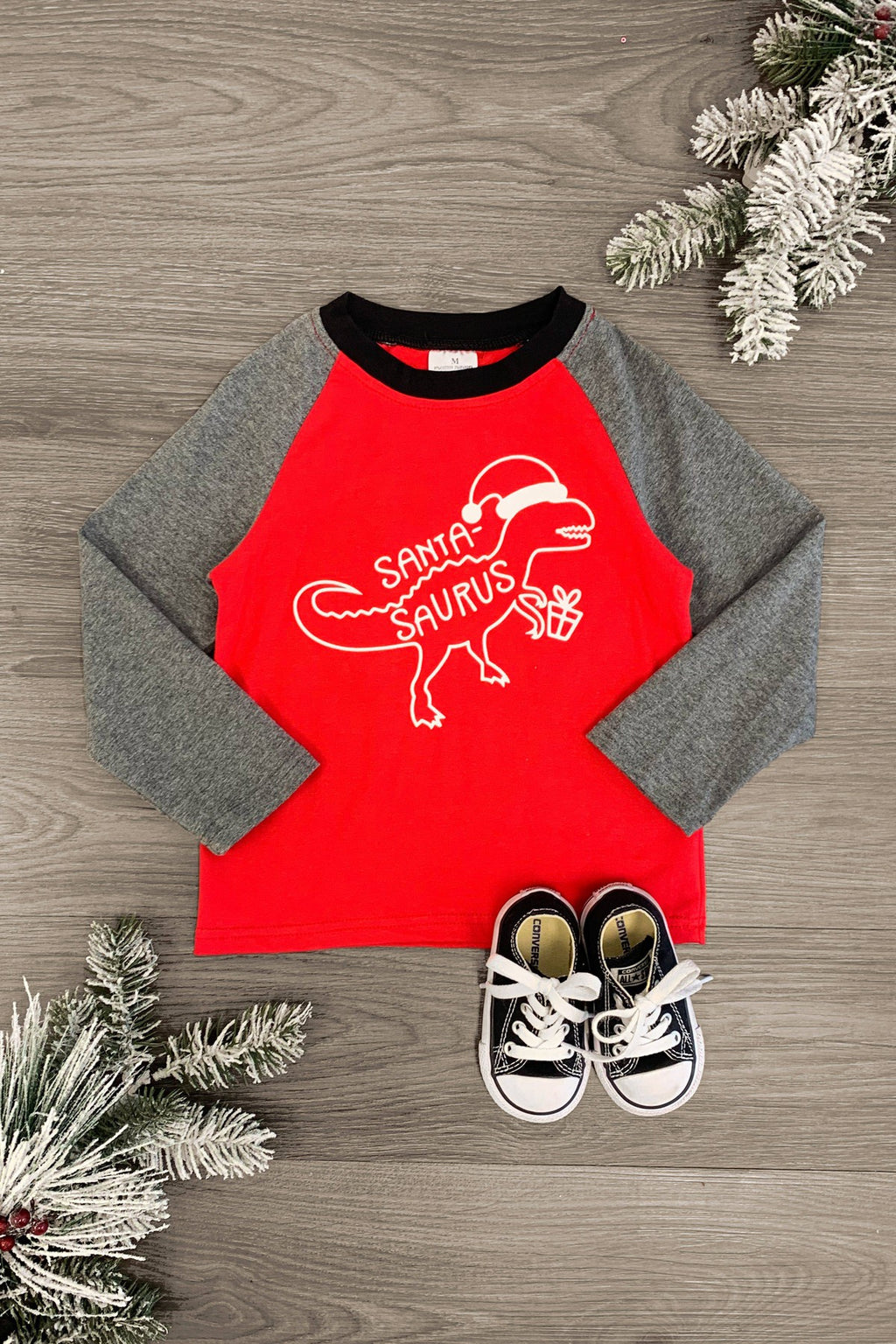 "Santa-Saurus" Red & Gray Top - Sparkle in Pink