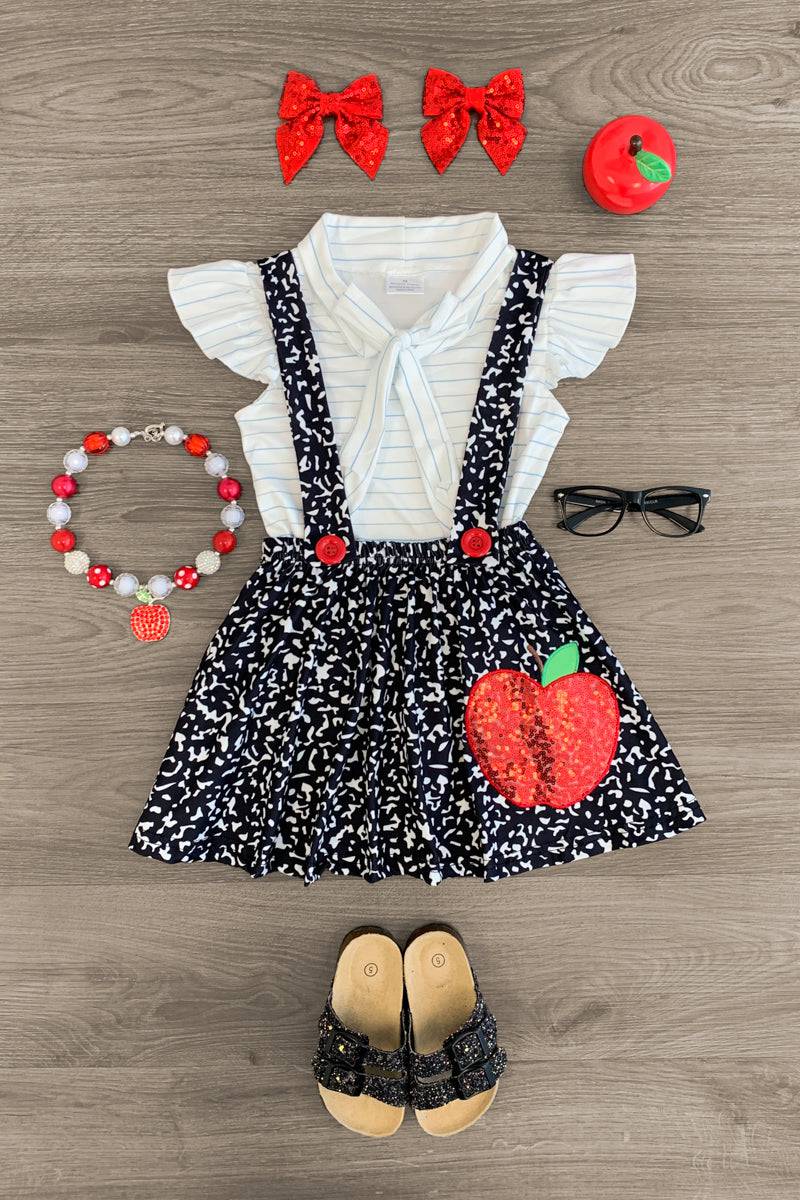 Sequin Apple Notebook Suspender Skirt Set - Sparkle in Pink