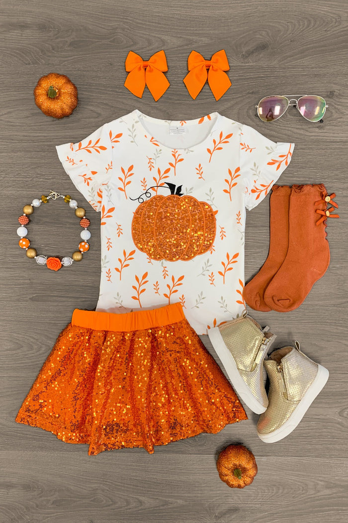 Sequin Pumpkin Skirt Set - 3XS-6-12 Months - White toddler t-shirt with orange sequin pumpkin and leaf print, orange sequin skirt, matching orange socks, gold boots,.