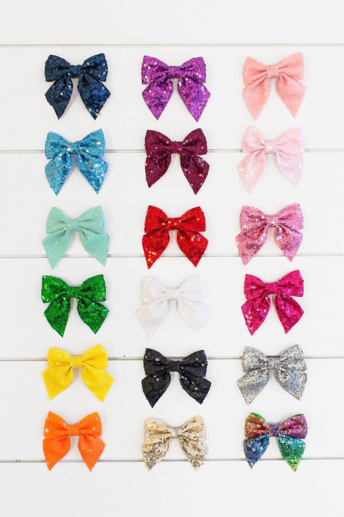 Sequin Trendy Hair Bows! - Light Pink - Twenty colorful sequin hair bows in five rows, colors include navy, purple, pink, turquoise, burgundy, red, white, black,.
