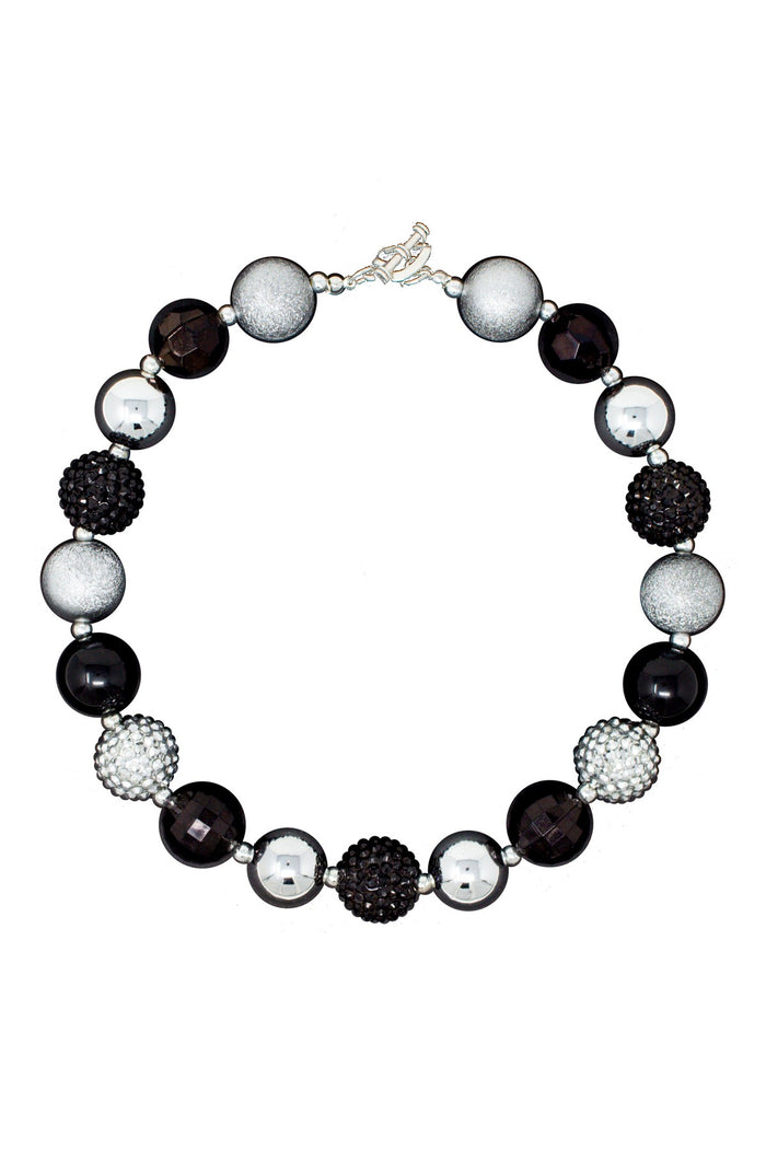 Silver & Black Glitter Bubblegum Necklace - Default Title - Silver and black glitter round beads bubblegum necklace with clasp closure.