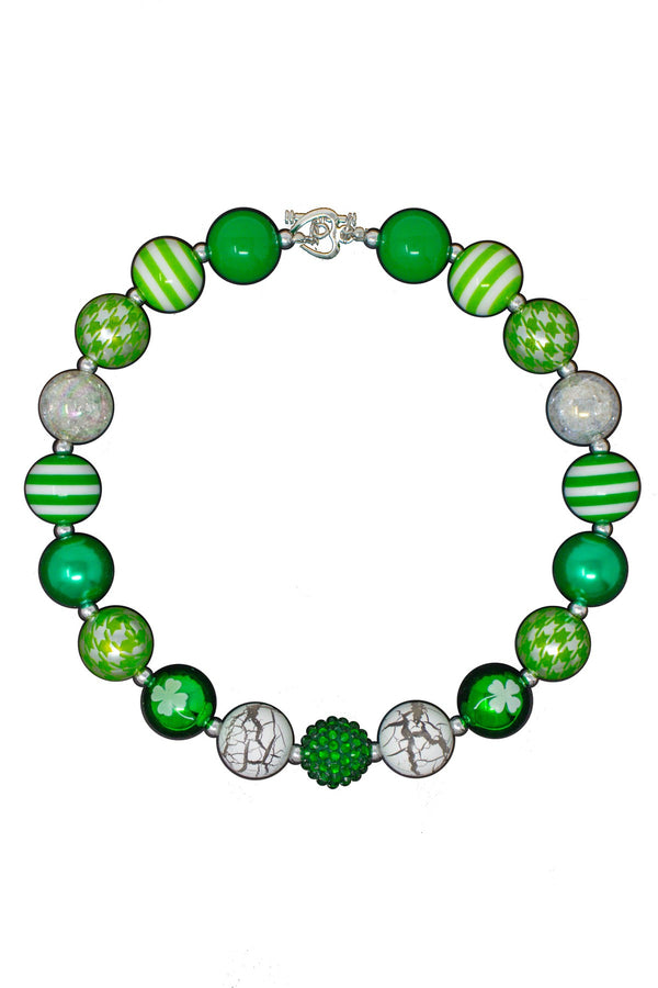 St. Patrick's Green & White Marble Bubblegum Necklace - Sparkle in Pink