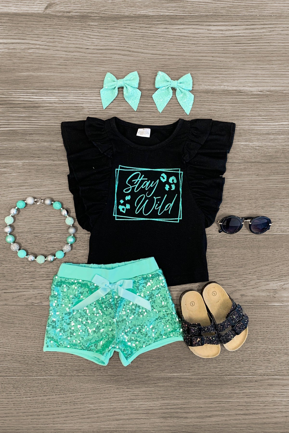 "Stay Wild" Mint Sequin Short Set - Sparkle in Pink