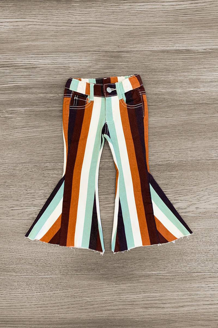 Striped Bell Bottom Jeans - 3XS-6-12 Months - Brown, mint, white, and orange striped bell bottom jeans with front pockets and belt loops.