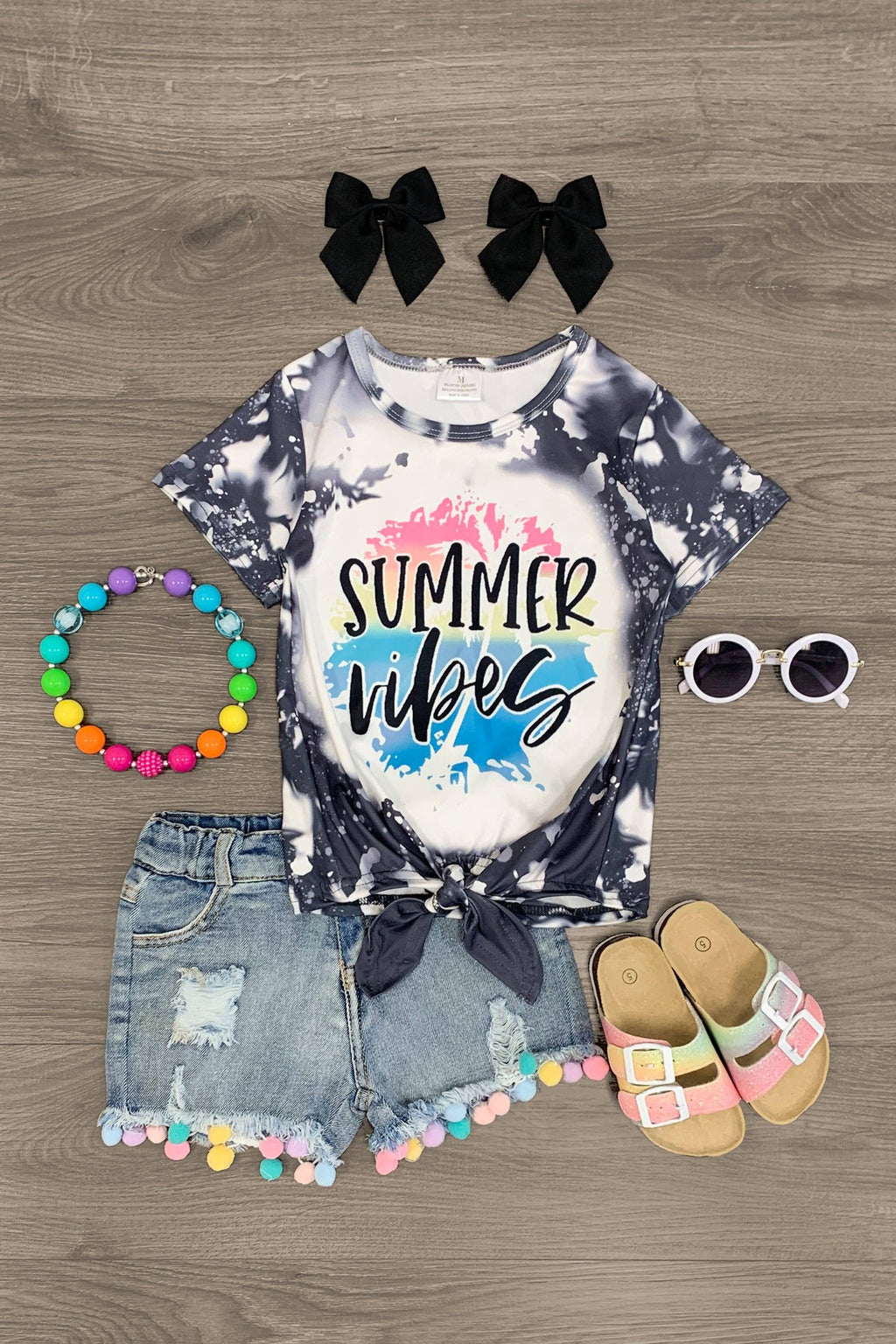 "Summer Vibes" Tie Top Pom Pom Denim Short Set - Sparkle in Pink
