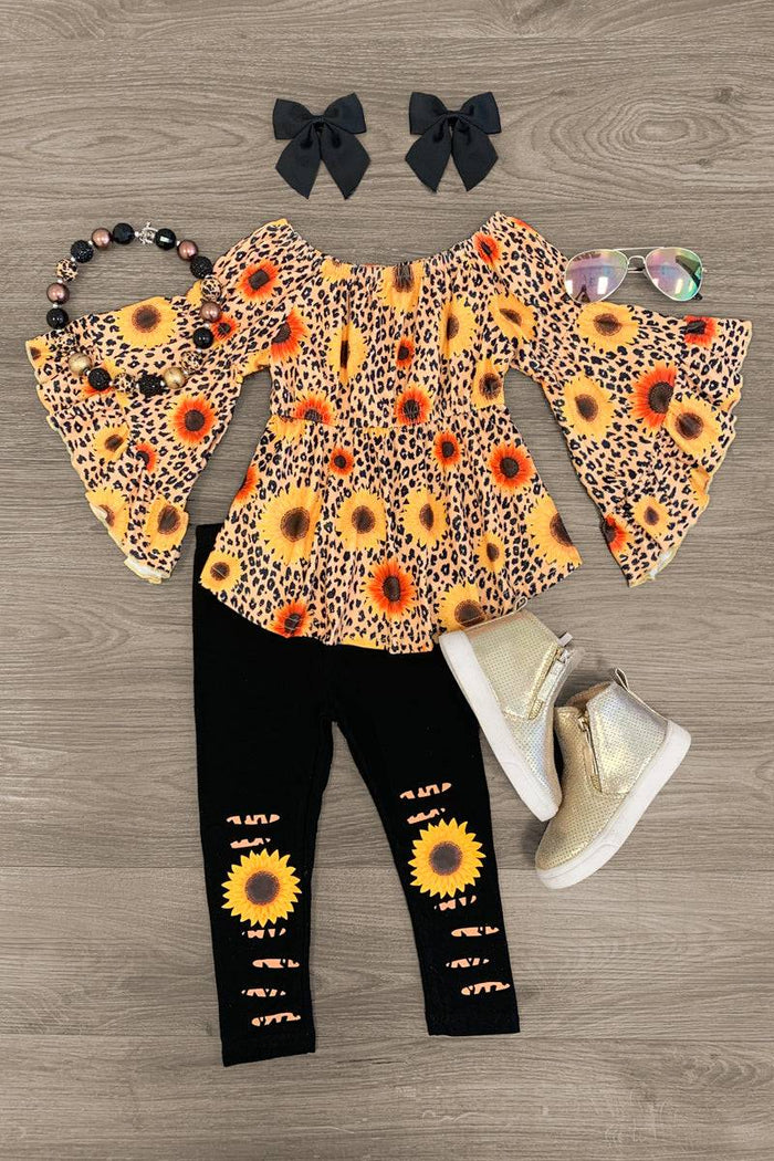 Sunflower Leopard Bell Sleeve Pant Set - XXS-12-18 Months - Sunflower print bell sleeve top with matching black leggings featuring sunflower patches and black bow hair clips, necklace, .