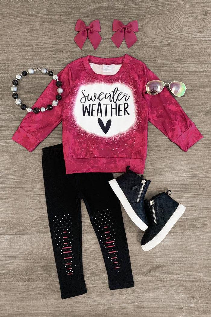 "Sweater Weather" Pink Legging Set - 3XS-6-12 Months - Pink tie-dye long-sleeve top with "Sweater Weather" text and black heart, paired with black leggings featuring pink cut-out.