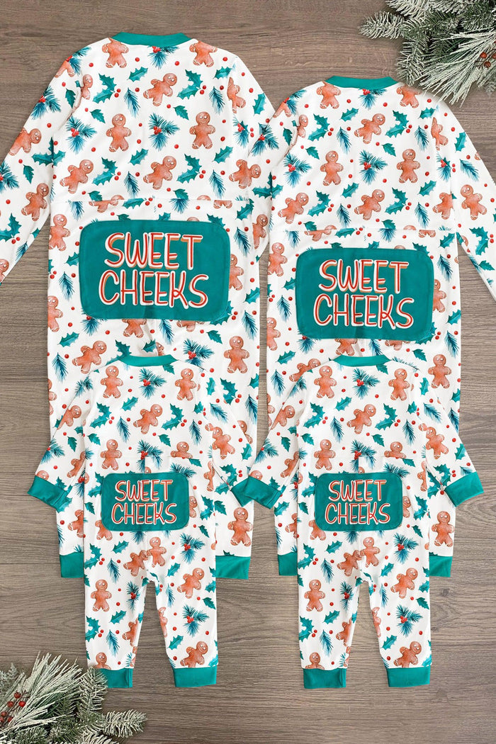 "Sweet Cheeks" Gingerbread Holly Family Pajamas - CHILD-3XS-6-12 Months-FAMILY - White family pajamas with gingerbread man and holly print, green cuffs, and "Sweet Cheers" text on chest and feet.