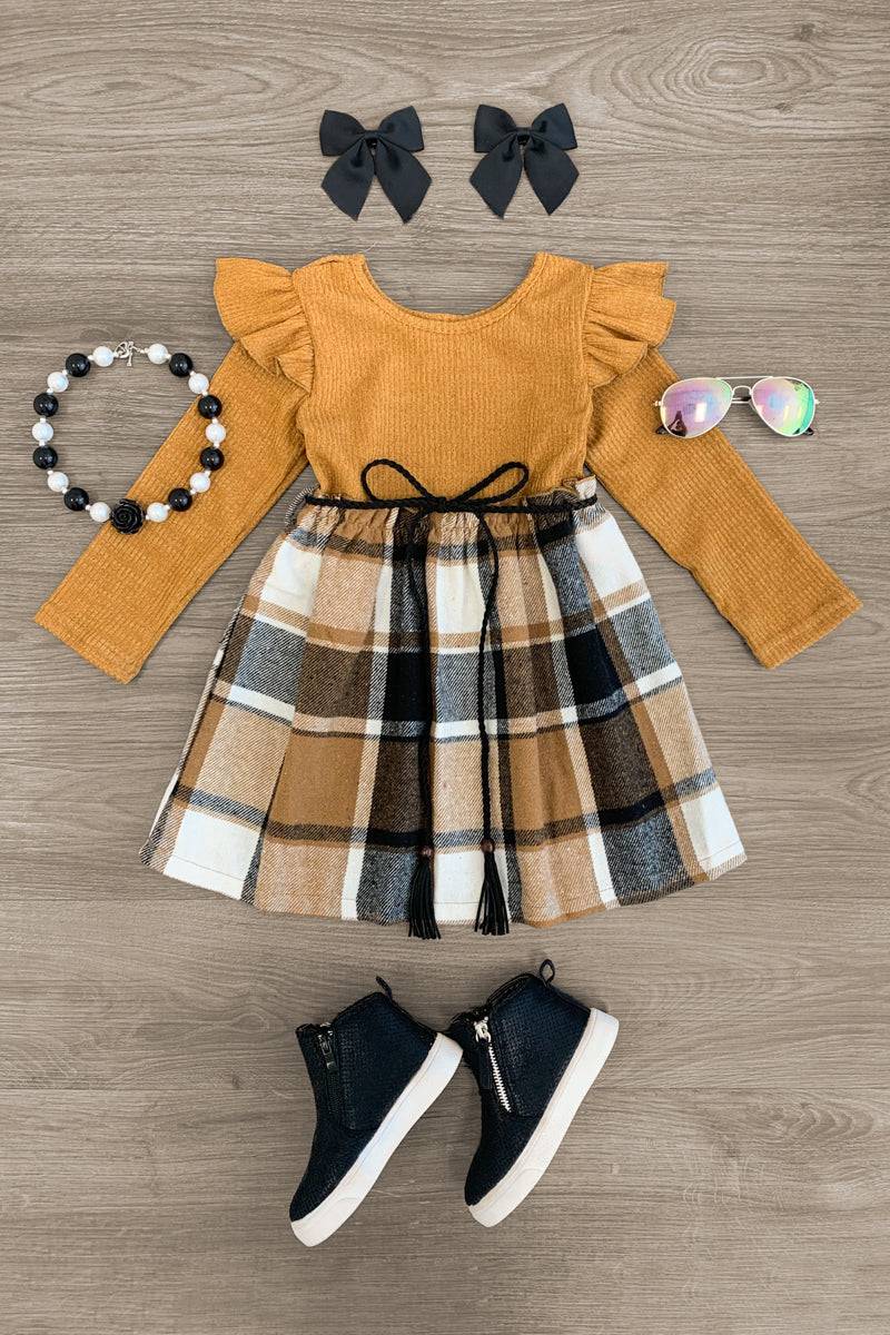 Tan Plaid Long Sleeve Dress - Sparkle in Pink