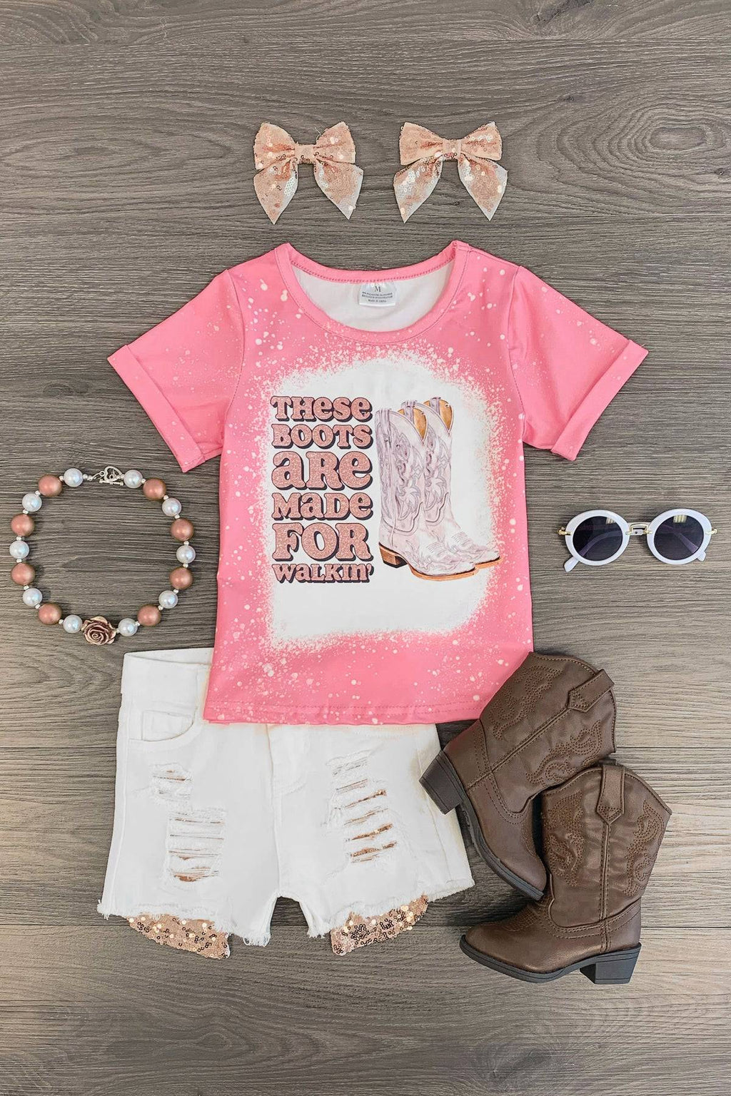 "These Boots Are Made For Walkin'" Denim Short Set - Sparkle in Pink