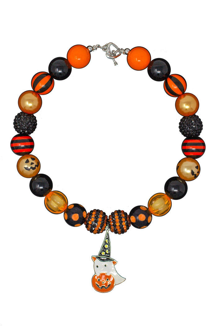Trick Or Treat Ghost Bubblegum Necklace - Default Title - Halloween necklace with orange, black, gold beads and a ghost charm wearing a witch hat.