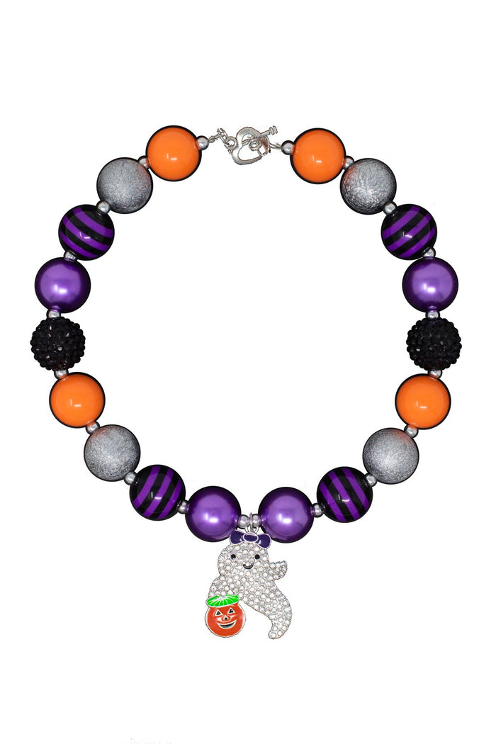 "Trick or Treat" Glitter Ghost Bubblegum Necklace - Default Title - Halloween-themed necklace with orange, purple, black, and silver beads and a glitter ghost charm holding a pumpkin candy.