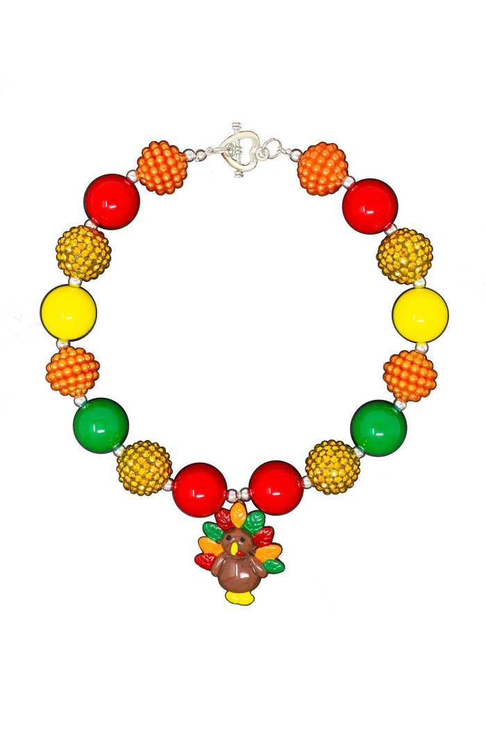 Turkey Bubblegum Necklace - Default Title - Colorful beaded necklace with red, yellow, green, and orange round beads and a turkey charm centerpiece.