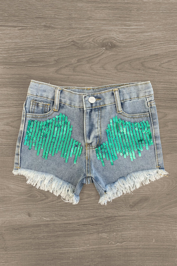 Mint Sequin Denim Shorts - XS-2T - Light blue denim shorts with mint green sequin heart patches and frayed hems.