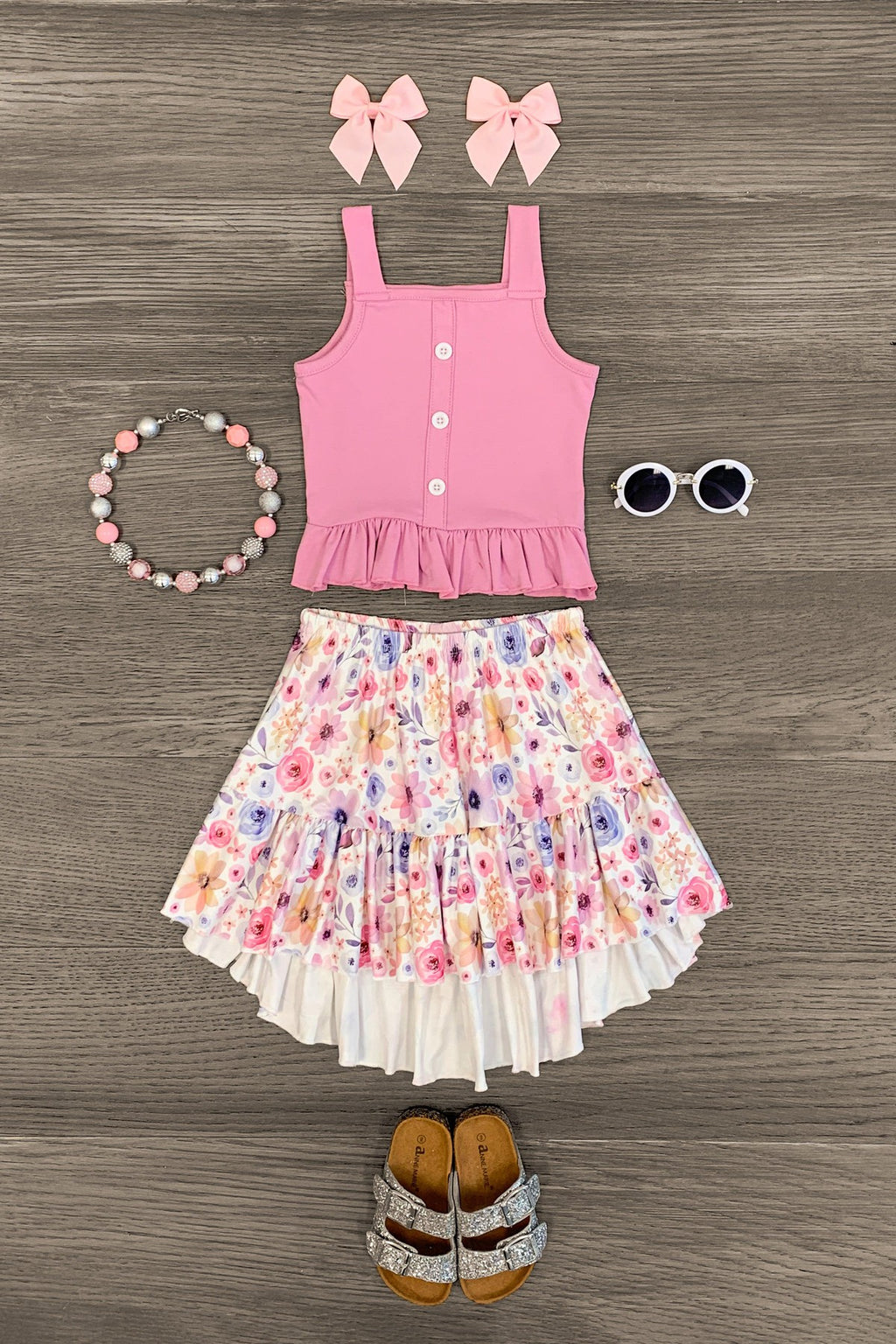 Watercolor Floral Hi-Low Skirt Set - Sparkle in Pink