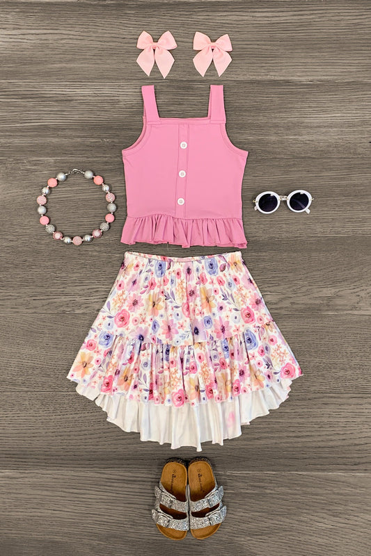 Watercolor Floral Hi-Low Skirt Set - Sparkle in Pink