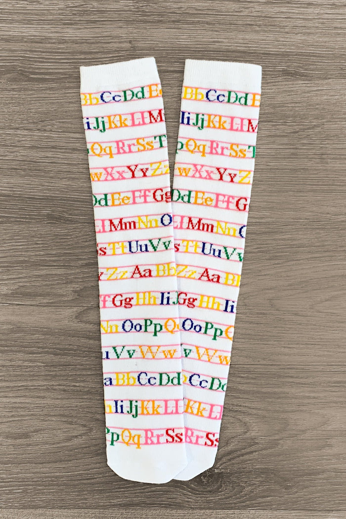 White Alphabet Knee High Socks - Default Title - White knee-high socks with colorful alphabet letters printed in rows across the fabric.