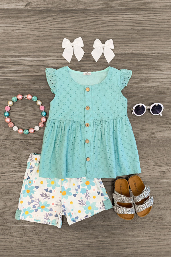 White & Blue Lace Floral Short Set - Sparkle in Pink