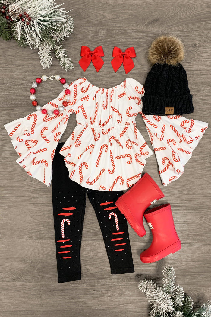 White Candy Cane Glitter Legging Set - 3XS-6-12 Months - White sleeveless candy cane print dress with matching skirt, black leggings with candy cane patches, red rain boots, black.