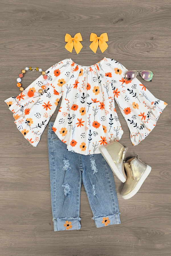 White Fall Floral Distressed Denim Pant Set - Sparkle in Pink
