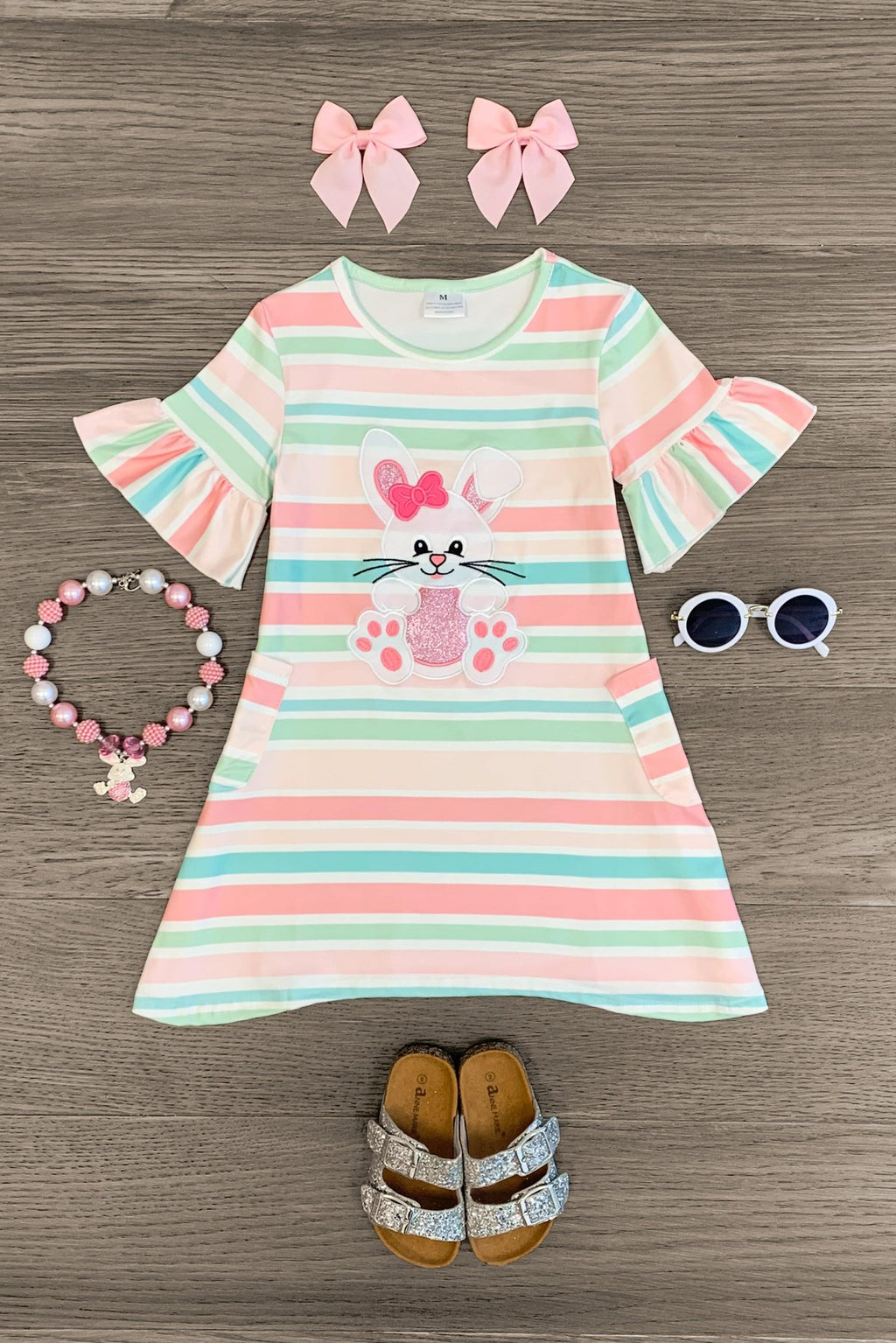 White Glitter Bunny Pastel Stripe Dress - Sparkle in Pink