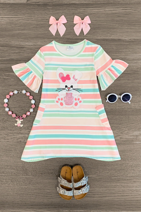 White Glitter Bunny Pastel Stripe Dress - Sparkle in Pink