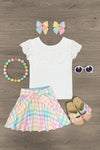 White Lace & Pastel Plaid Tie Skirt Set - Sparkle in Pink