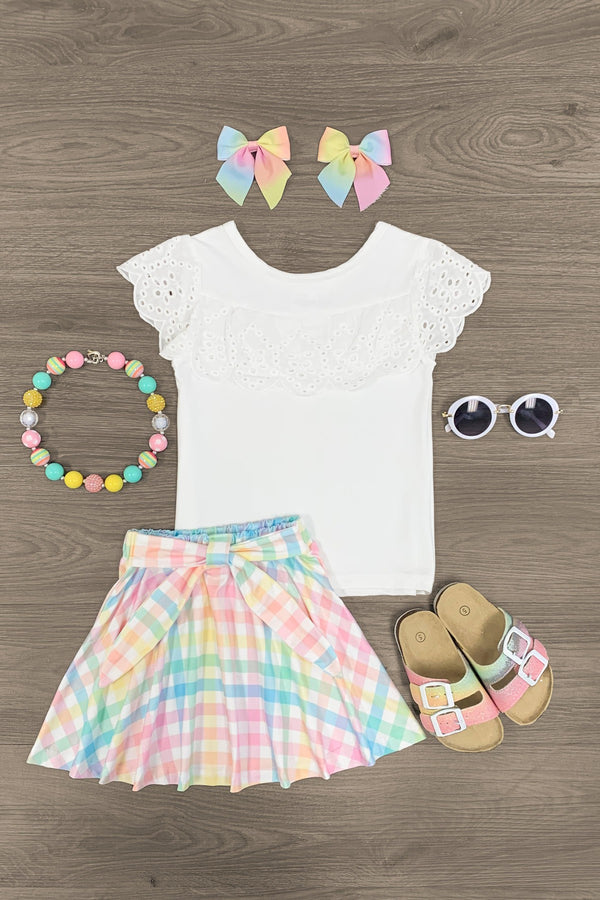 White Lace & Pastel Plaid Tie Skirt Set - Sparkle in Pink