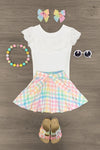 White Lace & Pastel Plaid Tie Skirt Set - Sparkle in Pink