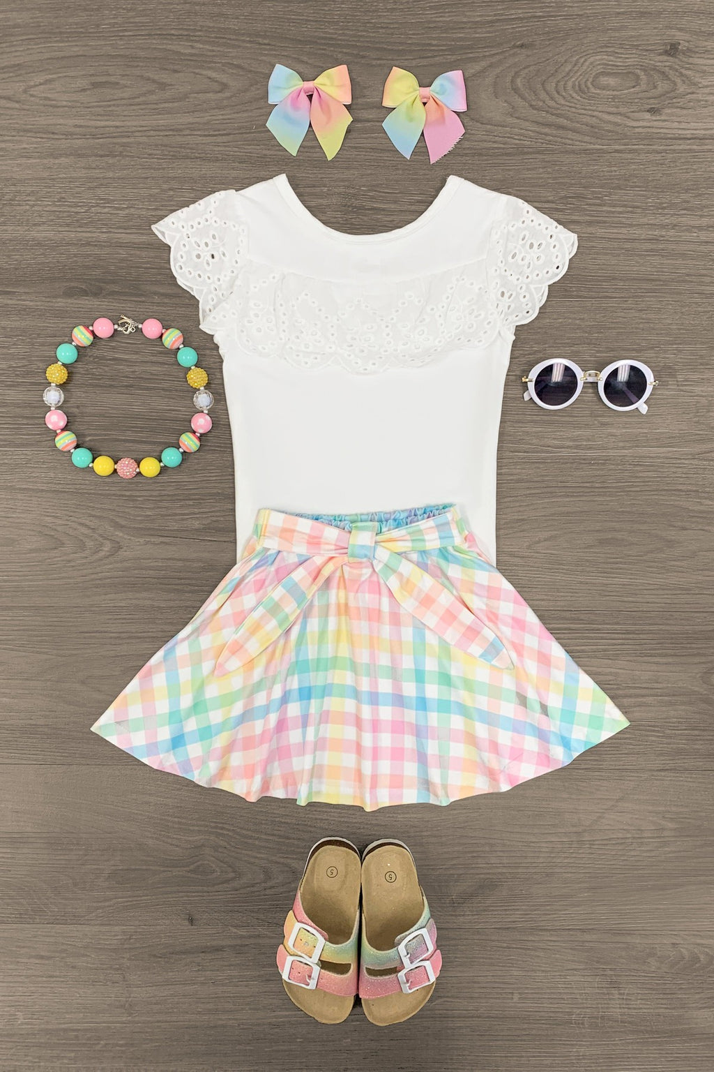 White Lace & Pastel Plaid Tie Skirt Set - Sparkle in Pink