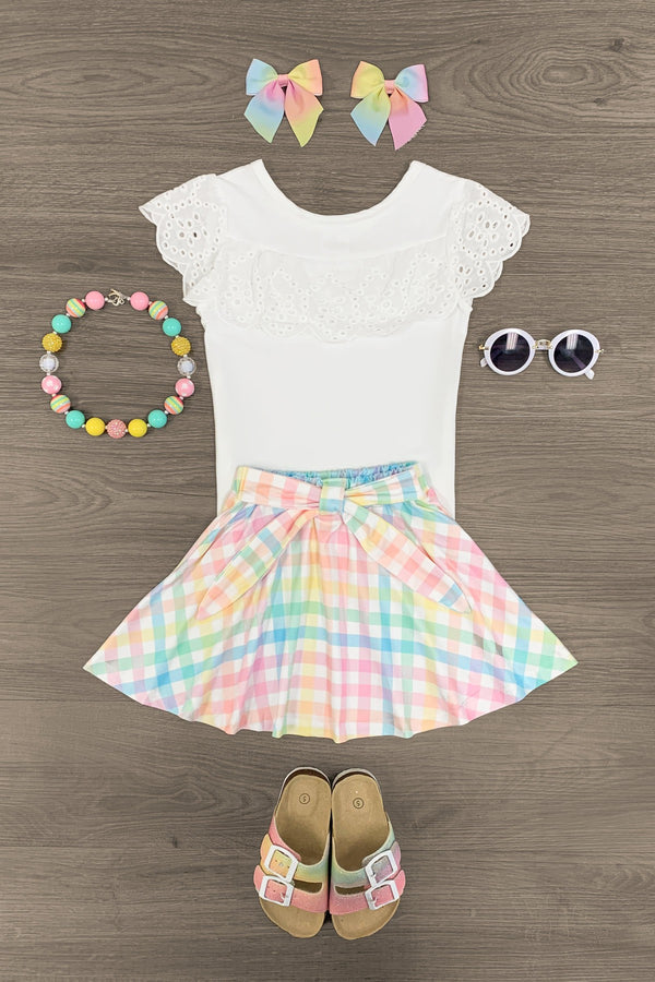 White Lace & Pastel Plaid Tie Skirt Set - Sparkle in Pink