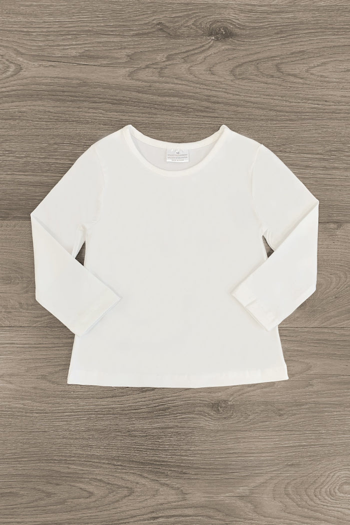 White Long Sleeve Top - XXS-12-18 Months - White long sleeve top with crew neck on wooden background.