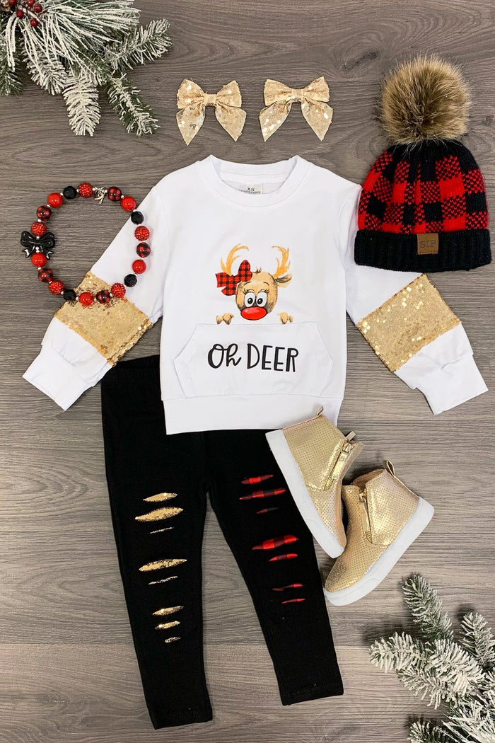 White "Oh Deer" Legging Set - 3XS-6-12 Months - White long-sleeve shirt with reindeer and "Oh Deer" text, black distressed leggings, gold booties, buffalo plaid hat with.