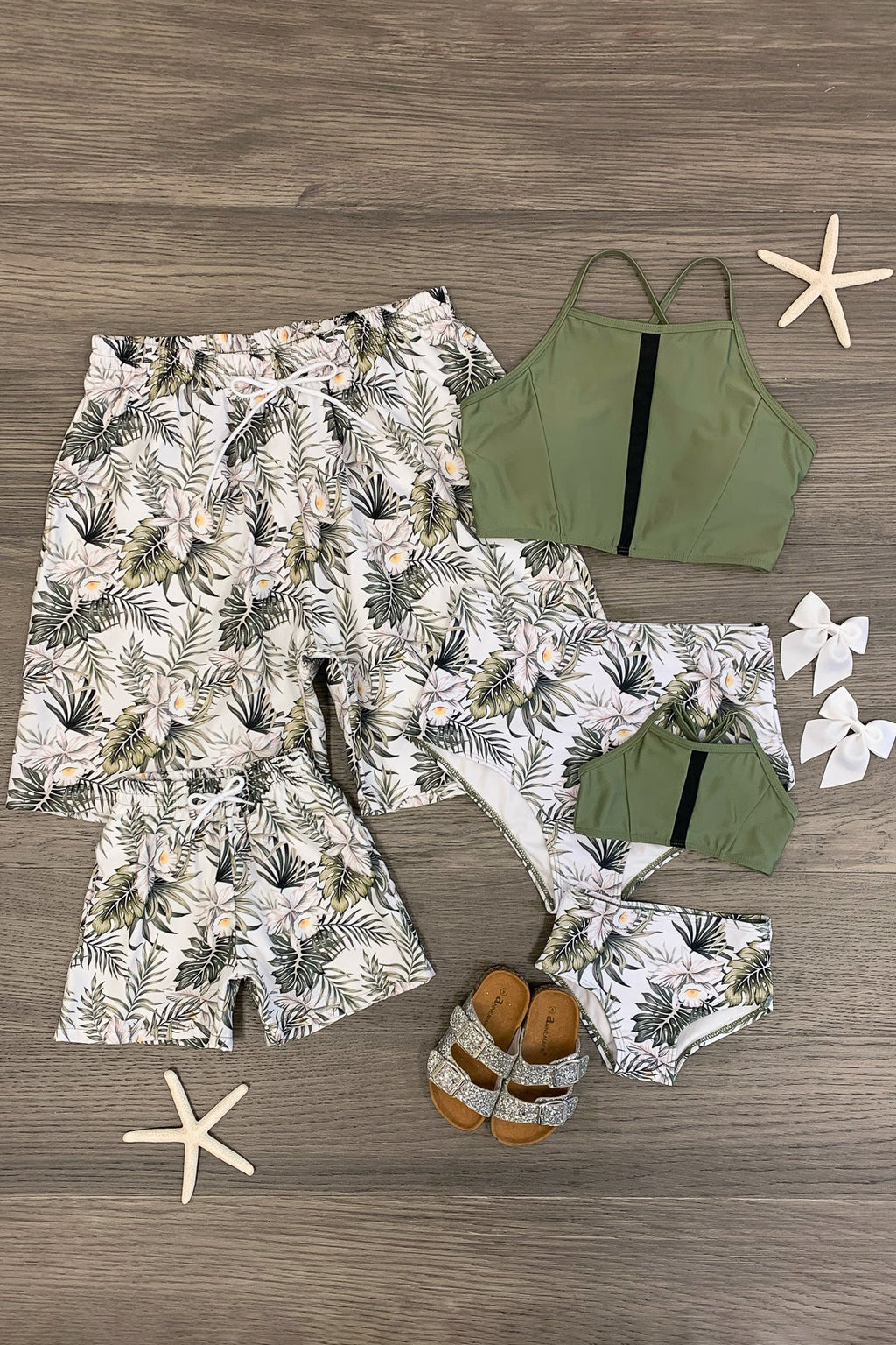 White & Olive Tropical Family Swimsuits - Sparkle in Pink