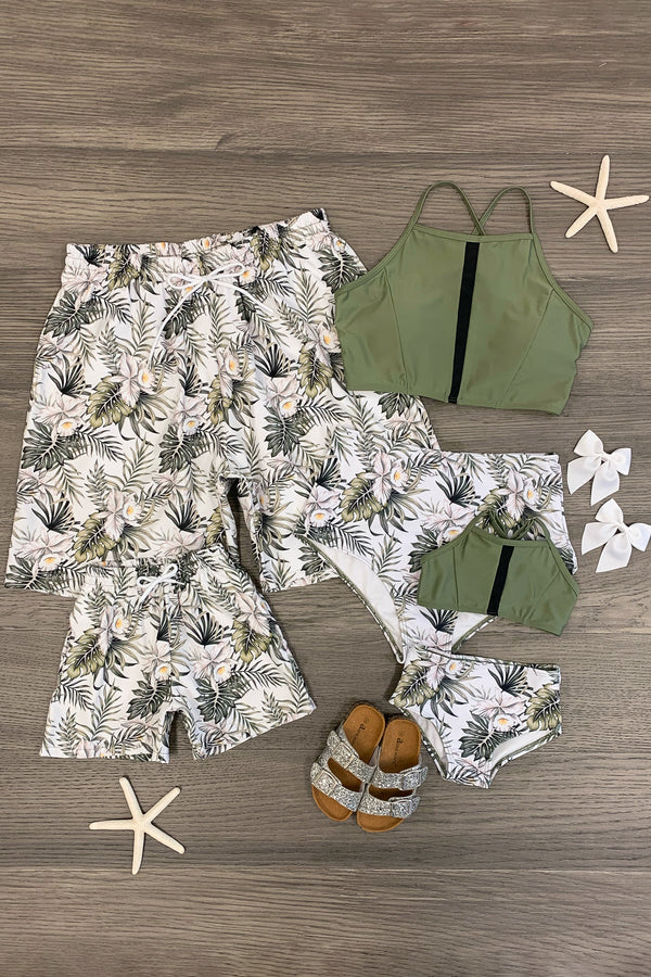 White & Olive Tropical Family Swimsuits - Sparkle in Pink