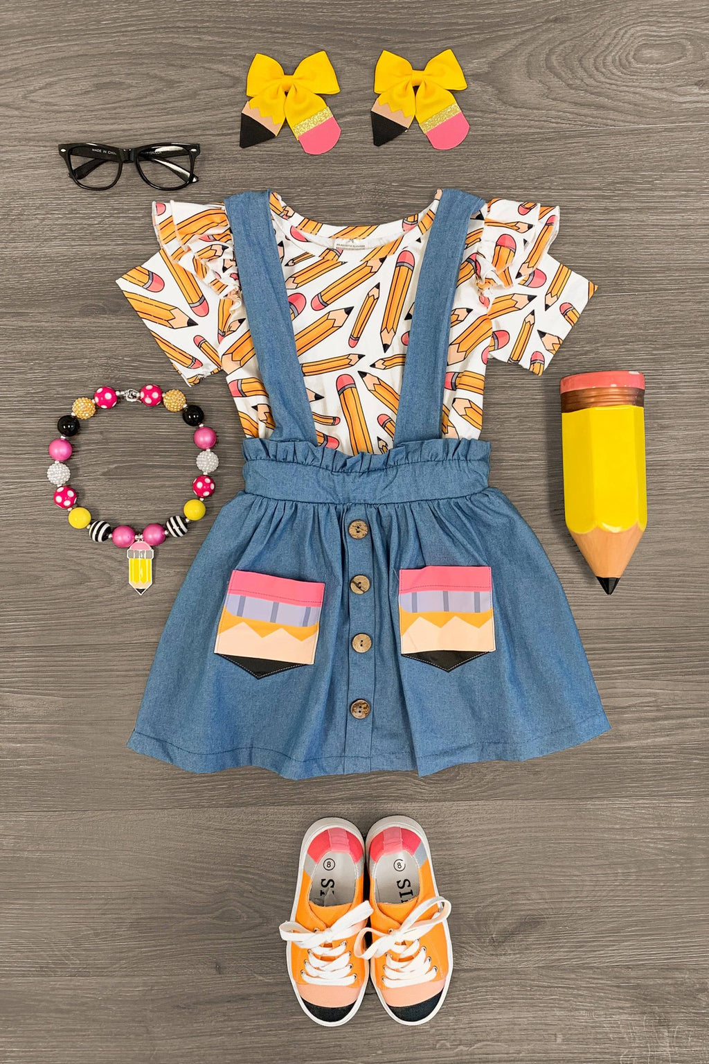 White Pencil Chambray Suspender Skirt Set - Sparkle in Pink