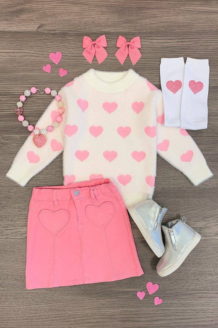 White & Pink Heart Denim Skirt Set - 3XS-6-12 Months - Cream sweater with pink hearts, pink denim skirt with heart pocket, white tights with pink hearts, silver boots, pink bow.