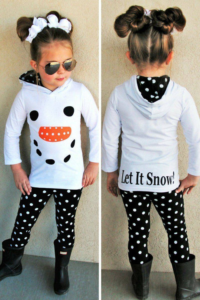 White Snowman Hoodie Pant Set - 3XS-6-12 Months - White hoodie with snowman face graphic and black polka dot leggings worn with black boots and bow headband.