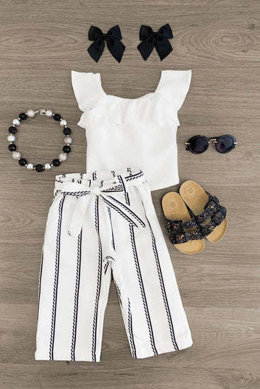 White Striped Wide Leg Pant Set