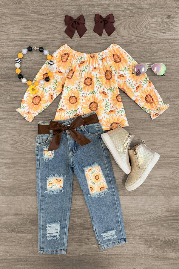 White Sunflower Distressed Denim Pant Set - Sparkle in Pink