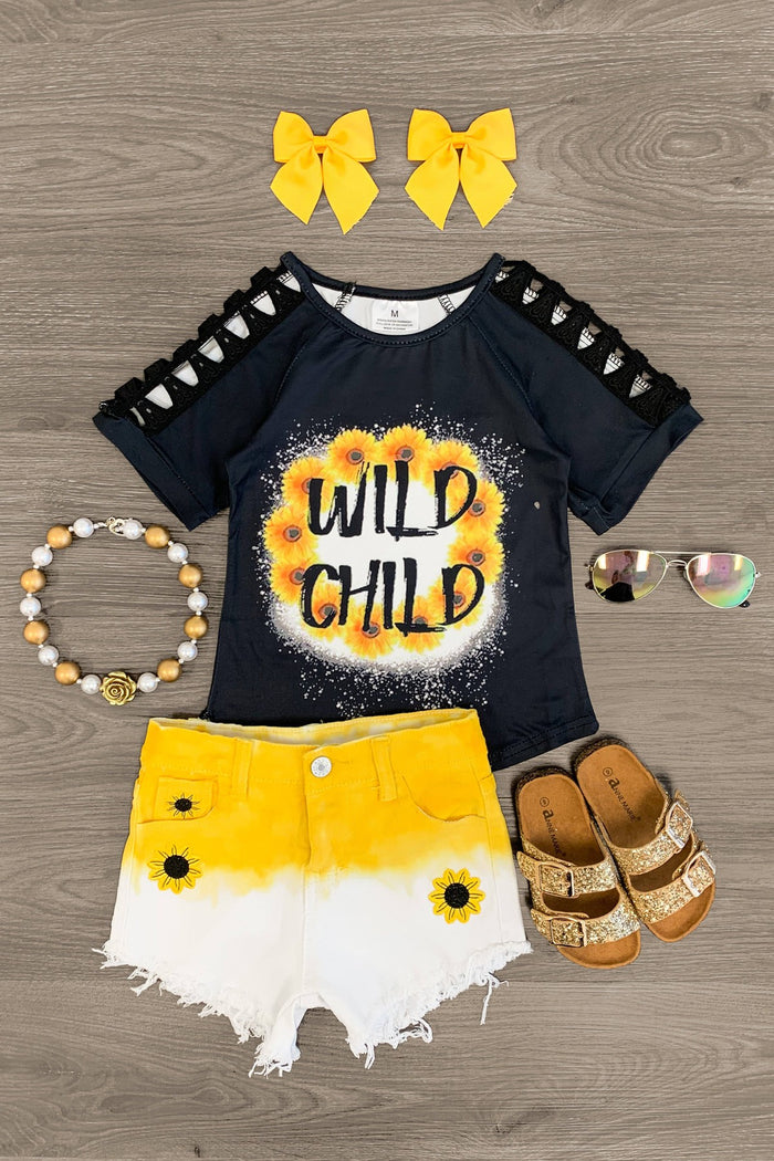 "Wild Child" Crochet Denim Short Set - 3XS-6-12 Months - Black short-sleeve top with "Wild Child" text, yellow ombre denim shorts with daisy, yellow hair bows, beaded necklace,.